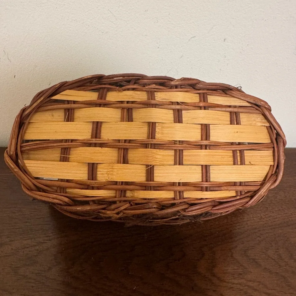 Vintage Rustic Handwoven Twig Vine Oval Basket Planter Plastic Liner Handles